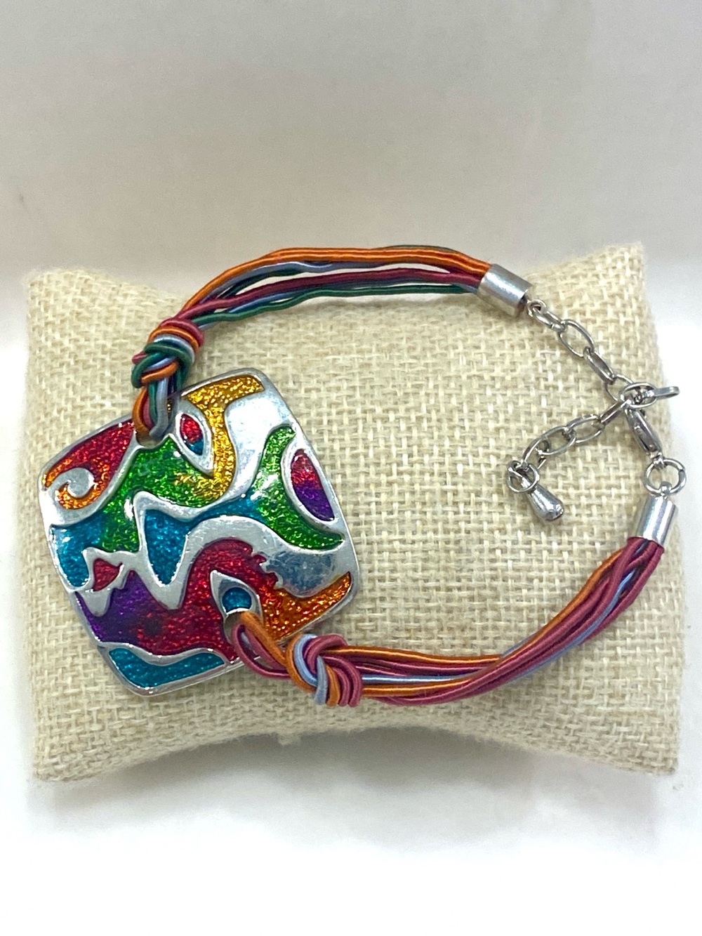 Vintage Colorful Glitter Enamel Shield Bracelet Multi Strand Waxed Cord Rainbow